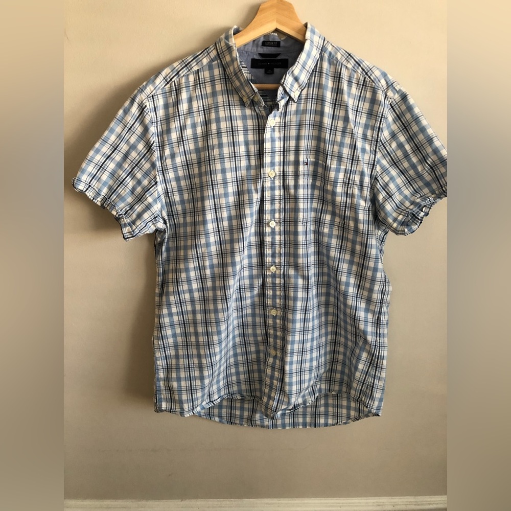 Tommy Hilfiger relaxed shirt sleeved Chequers blue and white button down shirt